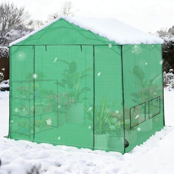 COOS BAY 8x8 FT Portable Walk-in Greenhouse, Pop up Outdoor Green House with Power Access Openings, Zippered Doors & Windows, Durable PE Cover, Green
