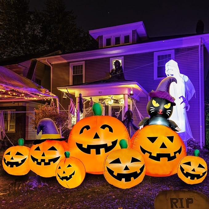 8 FT Long Halloween Inflatables Pumpkin Outdoor Decorations, 7 Pumpkins Outside Decoration with Black Cat with Build-in LEDs Blow Up Inflatables for Party Yard Lawn Garden Decor