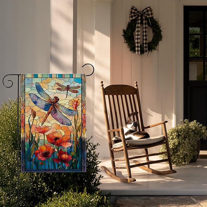 Garden Flags, Dragonfly Garden Flag, Stained Glass Style Dragonfly Floral Flag Double-Sided Flags for Farmhouse Yard Outdoor Decoration-12 x 18inch (Dragonfly2)