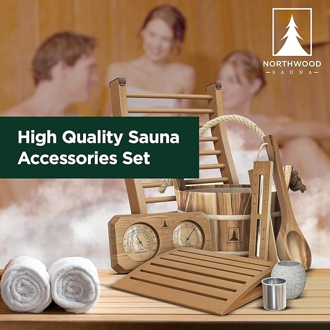 Sauna Accessories Kit - Handmade from Canadian Red Cedar Wood - Complete Set (Bucket & Ladle, Thermometer & Hygrometer, Sand Timer, Aromatherapy Cup, Backrest, Headrest)