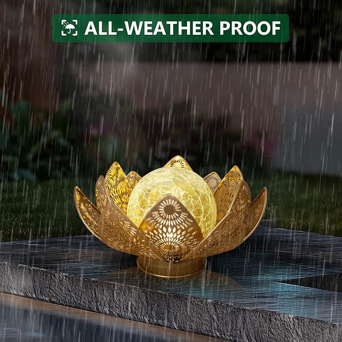 Solar Lights Outdoor Waterproof Lotus Flower Metal Yard Art Decoration Crackle Globe Glass Solar Lamp Garden Decor for Outside, Flowerbed Lawn Patio Porch Pathway Pond Decorations