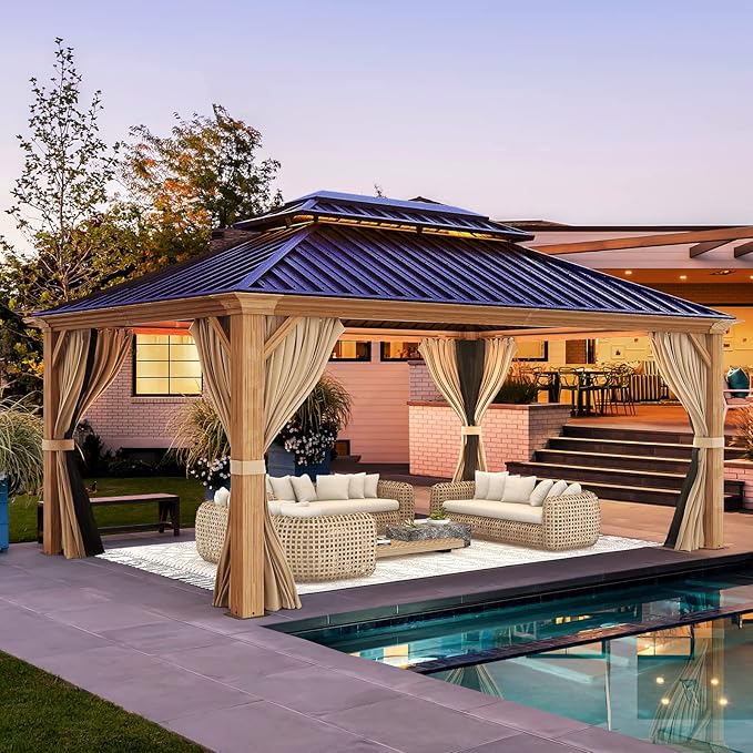 YOLENY 12' x 16' Hardtop Gazebo, Wood-Looking Gazebo with Galvanized Steel Double Roof, Aluminum Frame with Netting and Curtains for Deck, Backyard, Patio and Lawns