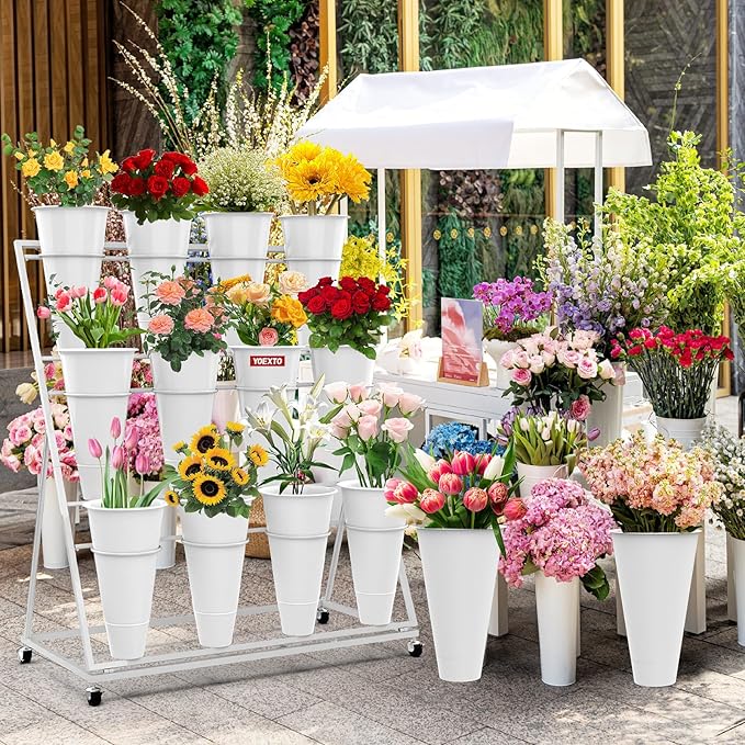 Flower Display Stand with Buckets, 3-Layers 12 PCS Buckets Plant Stand with Wheels, Movable Metal Plant Stand for Terrace Garden, Living Room, Florist Shop (White Frame - White Buckets, 3-Tier)