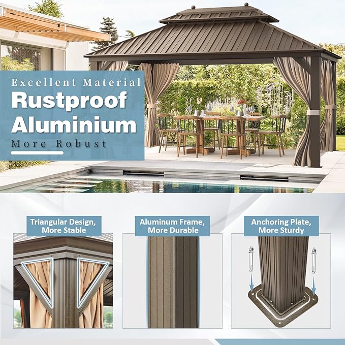MELLCOM 10'x13' Hardtop Gazebo Double Roof Galvanized Steel Canopy with Aluminum Frame, Permanent Metal Pavilion with Netting and Curtains for Patio, Gardens and Lawns