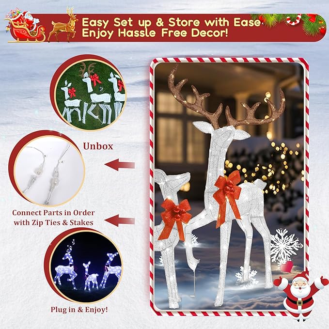 3D Reindeer Family Christmas Decor Set 4.5Ft Lighted Christmas Reindeer/Deer Family Set Outdoor Christmas Yard Decorations with Stakes & Zip Ties for Holiday Lawn Patio Party