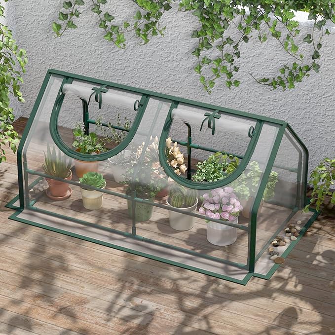 Portable Mini Greenhouse, 47.3"x26.4"x26.4" Greenhouses for Outdoors with Dual Large Zipper Doors & Ground Stakes, Waterproof Plastic Green House for Outside Garden Patio Backyard