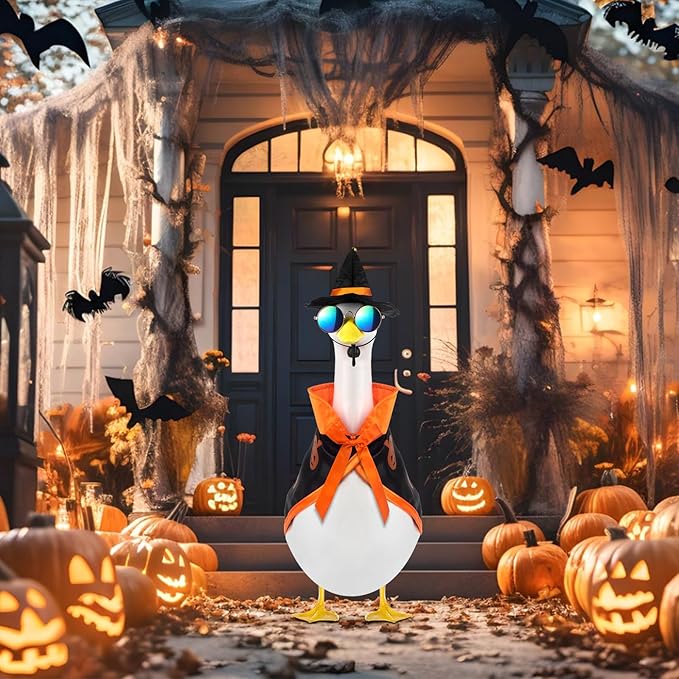 Halloween Goose Outfit and Fall Porch Goose Outfits with Hat & Sunglasses, Cement Plastic Goose Clothes Halloween Costume for 23" Geese Outdoor Patio Yard Lawn Duck Party