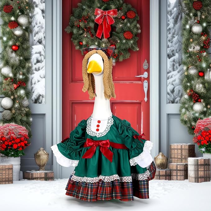Soulchen 1 Set Christmas Green Porch Goose Outfit 23 Inch Winter Plaid Cement Goose Clothes Dress and Headdress Costume Set for Xmas Holiday Lawn Garden Yard Decor