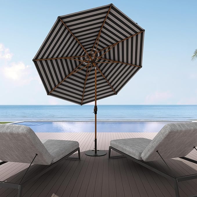 Midtown Umbrellas Sunbrella Umbrella Large Patio Umbrella 2-10 Feet in Black & White Fabric, Auto-Tilt Aluminum Frame Backyard Umbrella, Deck Umbrella, Garden Umbrella & Porch Umbrella - Wooden Pole