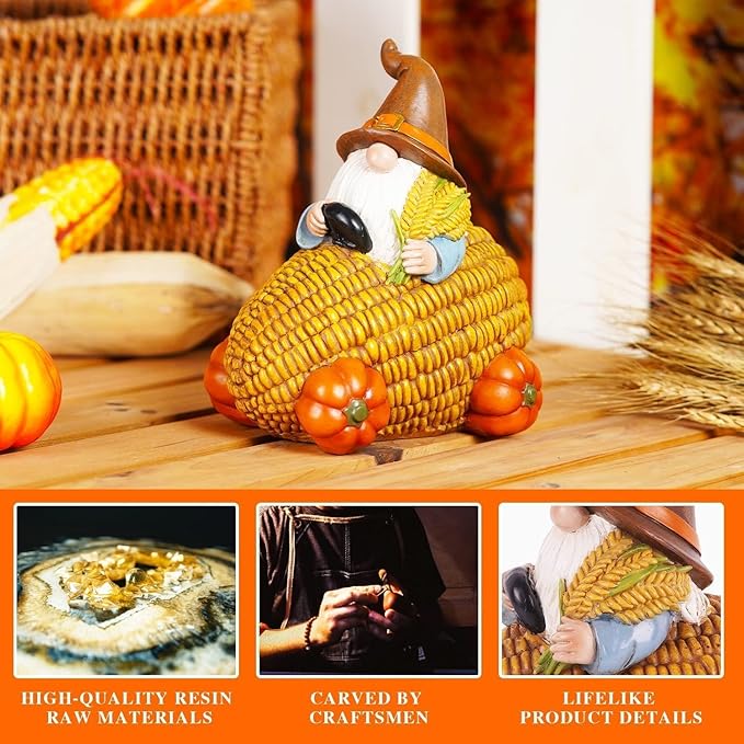 Autumn Gnome Statue Corn Car with Pumpkin Wheel Enchanting Fall Resin Figurine for Thanksgiving Party Home and Outdoor Decor