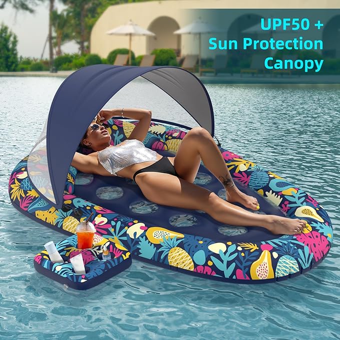 3-in-1 Pool Floats with Canopy Cup Holder, Large 73" x 48" Pool Floats Adults Heavy Duty, Inflatable Lounger Raft Floating Chair with Backrest, Swimming Pool Lake Beach Pool Party