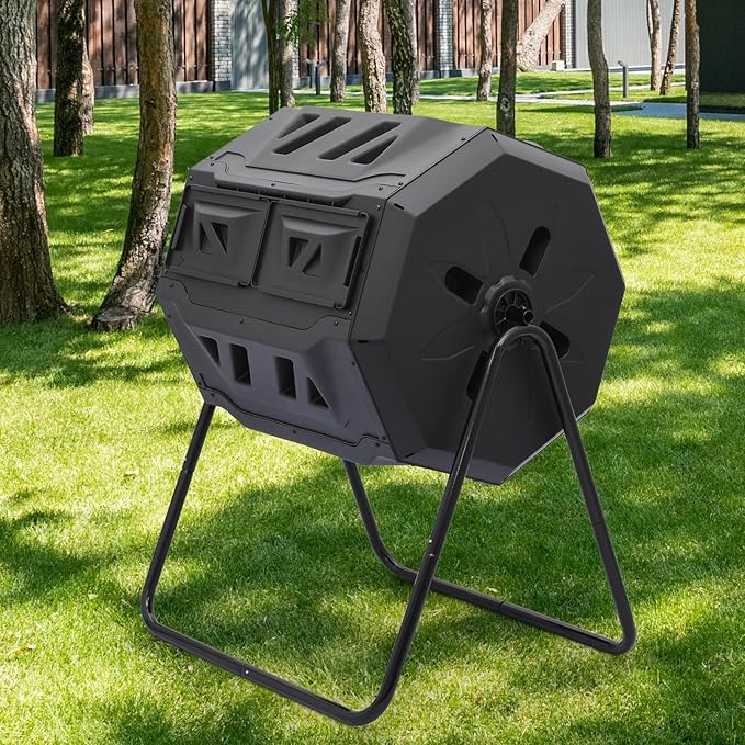 MoNiBloom 43 Gallon Compost Tumbler, Outdoor BPA Free Large Dual Chamber Tumbling Compost Bin All-Season Fast Working Tumbling Composter, High Volume Composter with 2 Sliding Doors