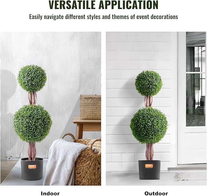 VEVOR Artificial Boxwood Topiary Tree, 36 inch Tall (2 Pieces), Double Ball Faux Topiary Trees, Faux Plant w/Extra Leaves & Pot & Small Decoration, UV Rated Set for Home Decor Indoor/Outdoor