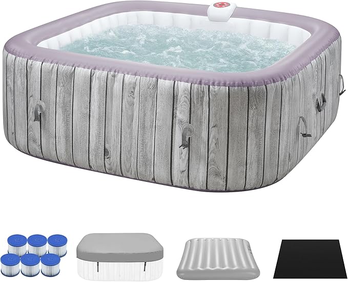 UHOMEPRO Inflatable Hot Tub Spa Set, Outdoor Bubble Massage Portable Hot Tubs with 130 Soothing Jets, Insulated Cover, Internal Heater Pump, 6 Filter Cartridges (Square)