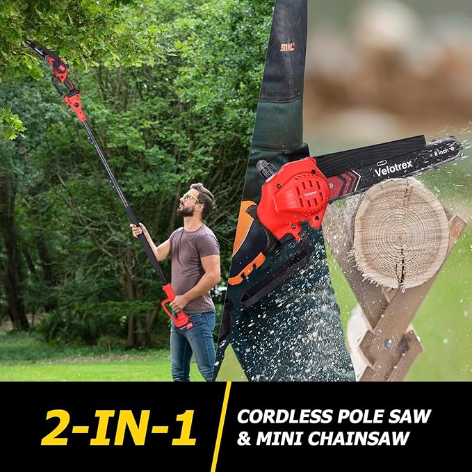 2-IN-1 Cordless Pole Saw and Mini Chainsaw, 8 Inch Electric Pole Saws for Tree Trimming, Auto Oiling, 15ft Max Extension Pole Chainsaw with 21V 4.0Ah Battery for Wood Branch Cutting