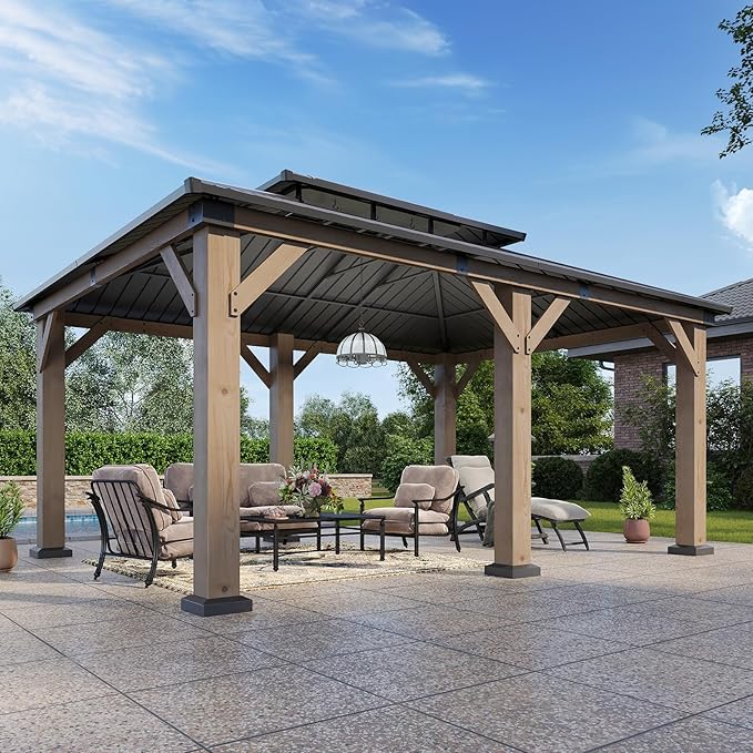 Aoxun 12' x 20' Outdoor Wood Gazebo, Hardtop Gazebo Permanent Wooden Pavilion with Galvanized Steel Double Roof, for Patio, Garden, Backyard, Cedar Wood
