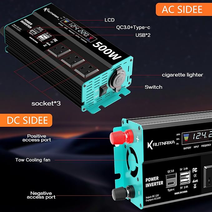Power Inverters 12V DC to 110V AC Converter for Vehicles USB-C/PD 25W Fast Charging Ports Car Charger Adapter with a Cigarette Lighter Ports Plug Outlet (Modified sine wave-500W)