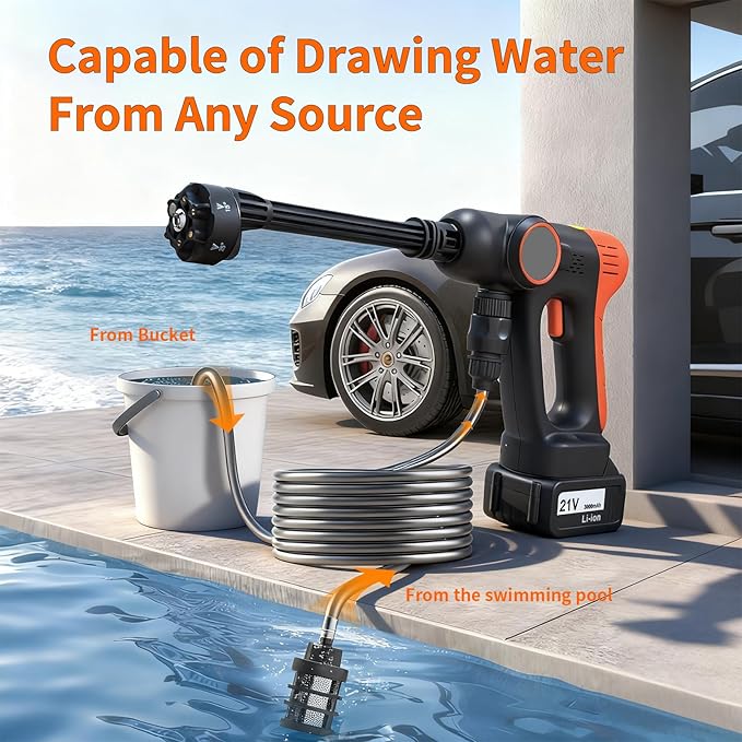 Cordless High-Pressure Washer, Includes 4.0Ah Battery and Charger, with 6-in-1 Nozzle; Portable Cordless high-Pressure Washer Ideal for car Washing, Yard Maintenance, and Household Cleaning.