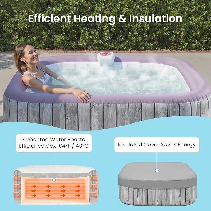 Inflatable Hot Tub for 4-6 People – Portable Heated Spa with 130 Bubble Jets, Insulated Cover, 6 Filter Cartridges & Internal Pump for Backyard or Indoor Use