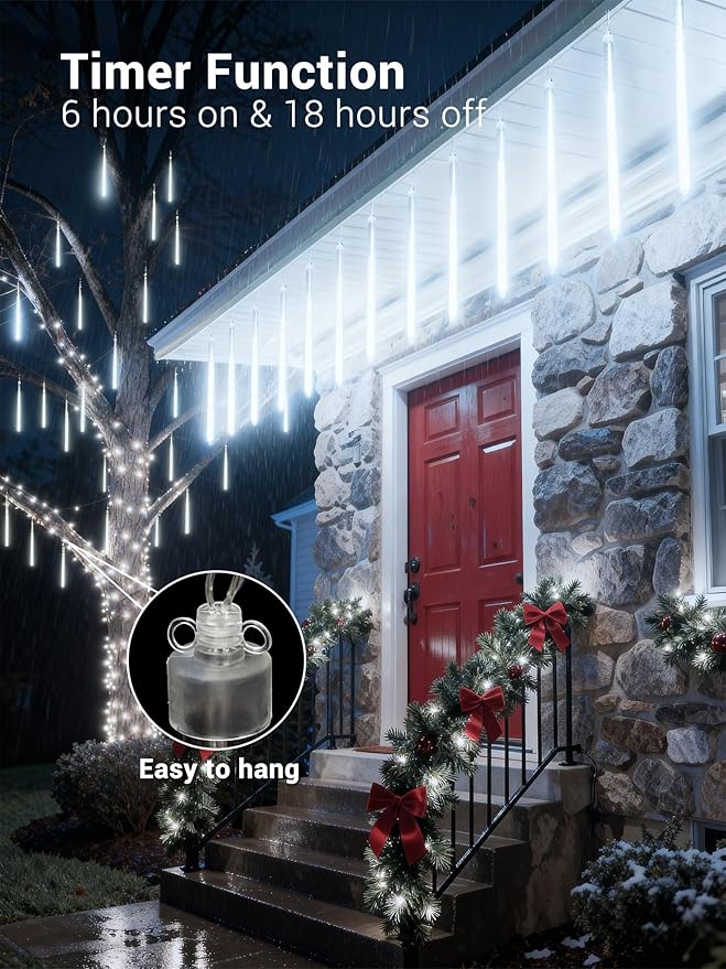 Flacchi Meteor Shower Icicle Lights - 5 Tubes 20" Each 270 LED Cascading Raindrop Lights, Timer Outdoor Waterproof Christmas Decorations for Holiday Party(Cool White)