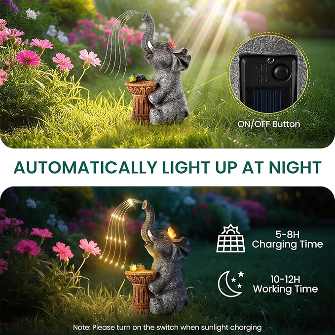 Elephant Statue Garden Decor- Outdoor Decoration with Solar Powered LED Lights, Birthday Gifts for Women, Garden Gifts for Mom, Decorations for Courtyard, Patio, Lawn, Yard