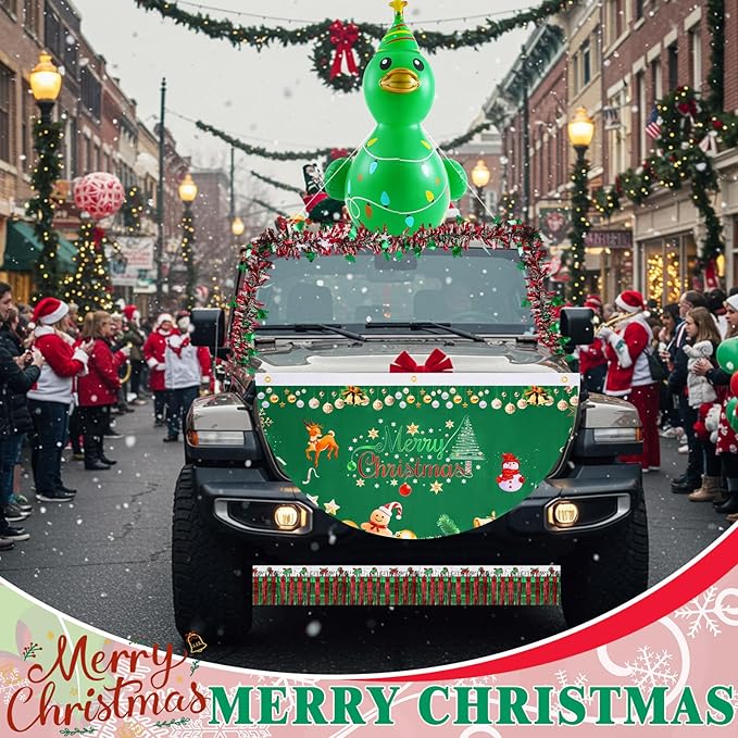 Hungdao 9 Pcs Christmas Golf Cart Parade Decorations Include 1 Pcs 4 Feet Inflatable Giant Xmas Tree Duck with Float Bunting Flag Tinsel Garland for Christmas Car Yard Party Decoration