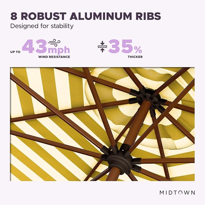 Midtown Umbrellas Wooden 2-8 Feet Outdoor Patio Umbrella, Terylast White & Yellow Stripes Fabric, Aluminum Frame For Backyard Umbrella, Deck Umbrella, Garden Umbrella & Pool Umbrella - Wooden Pole