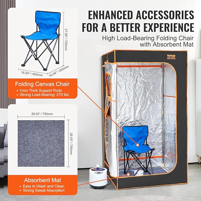 VEVOR Portable Steam Sauna Tent Full Size, 1200W with Visible Window, Personal Sauna Blanket Kit for Home Spa,Heated Body Therapy,Time&Temperature Remote Control with Chair,Black, 2.9’x 2.9’x 5.2’