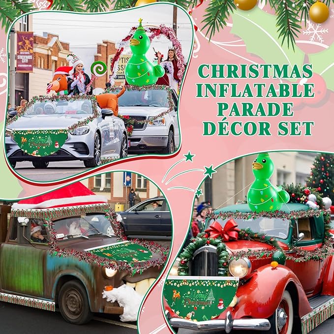 Hungdao 9 Pcs Christmas Golf Cart Parade Decorations Include 1 Pcs 4 Feet Inflatable Giant Xmas Tree Duck with Float Bunting Flag Tinsel Garland for Christmas Car Yard Party Decoration