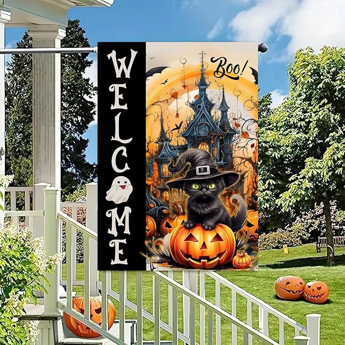 DECORLUXES Halloween House Flag 28x40 Double Sided, Welcome Cat Halloween Large Garden Flags Garden Outside Decor, Yard Flag Decorations (House + Garden flag)