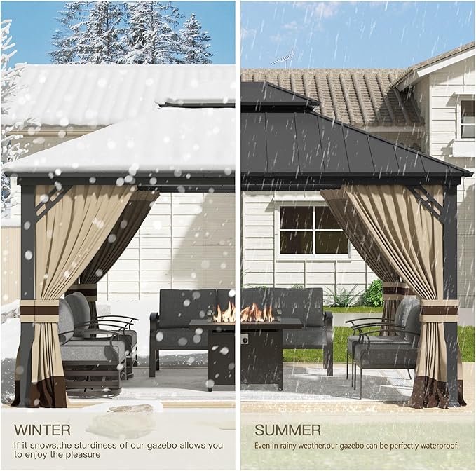 12'x14' Hardtop Gazebo,Outdoor Galvanized Steel Metal Double Roof Gazebo with Curtains and Netting for Patios,Gardens,Lawns,Sand