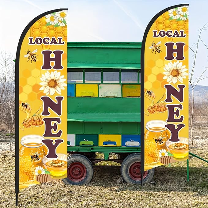 Honey for Sale Sign Feather Flag, 9.18FT Double-Sided Outdoor Advertising Swooper Banner with Pole Kit & Ground Stake – Tear-Resistant Polyester Feather Flag for Shops, Events & Promotions