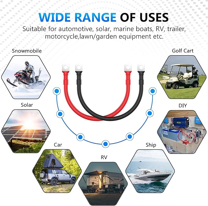 LEESKY 4 AWG Battery Cables 4 Gauge 1 Feet Pure Copper Battery Inverter Cables 3/8 Inch Terminals for Golf Cart, Power Inverter, Solar, RV, Marine