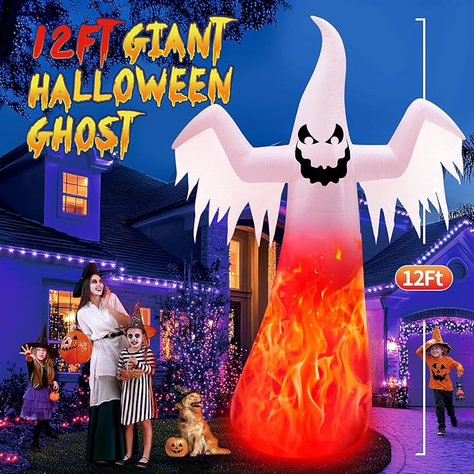 12FT Giant Halloween Inflatables Ghost Built-in 3-Color Changing Rotating Flame LEDs, Huge Halloween Decorations Outdoor Spooky Blow Up Yard Decoration Large Scary Blowups for Festival Lawn(1PCS)
