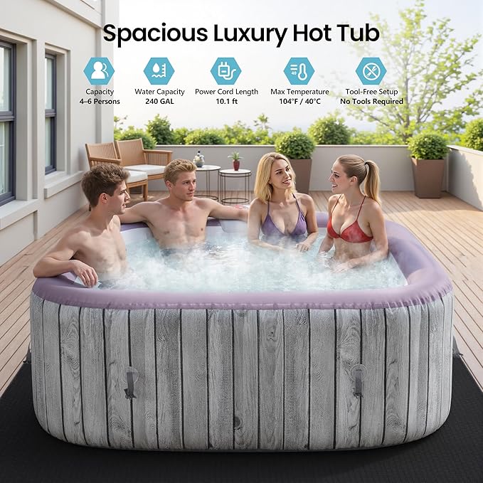Inflatable Hot Tub for 4-6 People – Portable Heated Spa with 130 Bubble Jets, Insulated Cover, 6 Filter Cartridges & Internal Pump for Backyard or Indoor Use