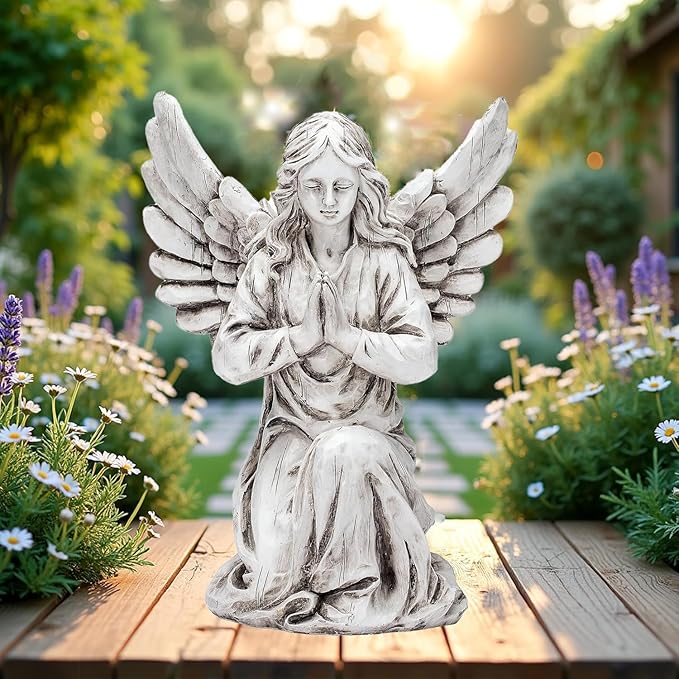 Praying Angel Garden Statue – Outdoor Kneeling Angel Figurine for Yard, Patio, Memorial Decor, Resin Sculpture, Housewarming Ornament Present