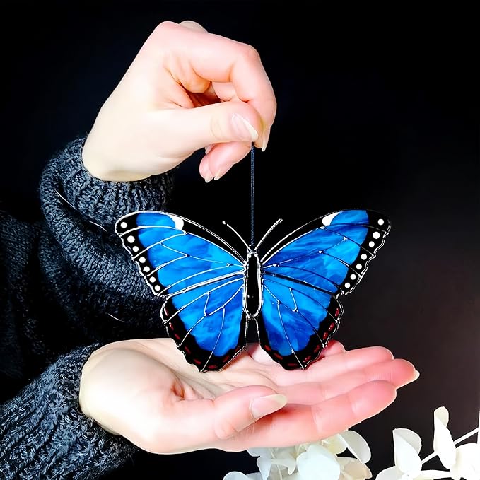 A-Blue 2024 New Handmade Stained Glass Butterfly Suncatcher, Sun Catcher Hanging for Car, Butterfly Decorations and Gifts for Women