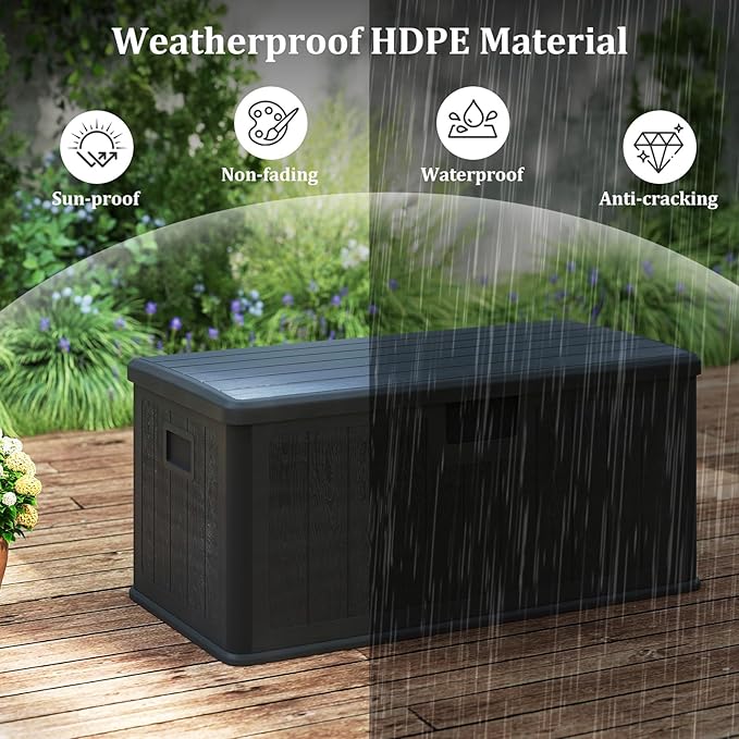 Tangkula 100 Gallon Outdoor Storage Box, Resin Outdoor Storage Bench with Lockable Lid, Waterproof Deck Box for Garden Tools, Pool Accessories, Cushions