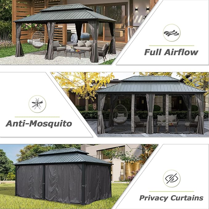 Domi 12' x 18' Hardtop Gazebo Metal Gazebo with Galvanized Steel Double Roof Canopy, Curtains and Netting for Party, Wedding, Outdoor Dining, Patio, Backyard, Grey