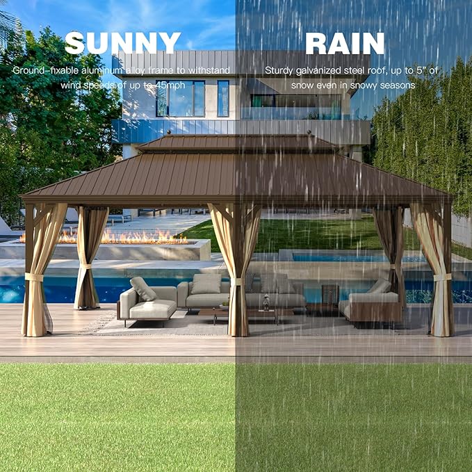 YOLENY 14'x22' Gazebo, Hardtop Gazebo with Galvanized Steel Double Roof, Pergolas Aluminum Frame, Netting and Curtains Included, Metal Outdoor Gazebos for Garden, Lawns