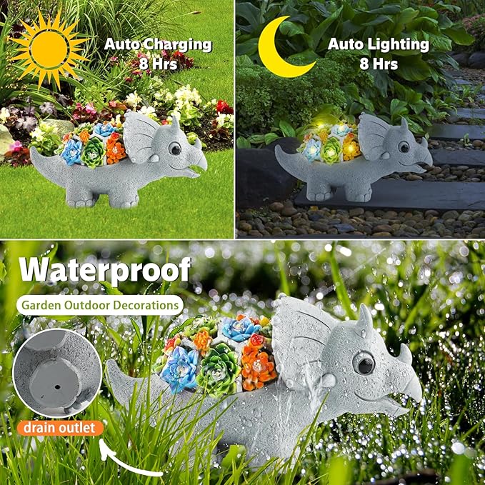 Garden Decor Solar Dinosaur Statues with Succulent and LED Lights for Outside, Outdoor Lawn Decorations Statue for Patio,Balcony,Yard,Unique Housewarming & Birthday Gifts for Women Mom Grandma