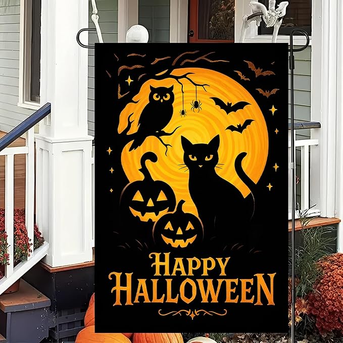 Halloween Garden Flag 12x18 Inch Black Cat Flag Pumpkin Owl Full Moon Double Sided Fall Flags Yard Banner for Outdoor Lawn Porch Garden Holiday Decor