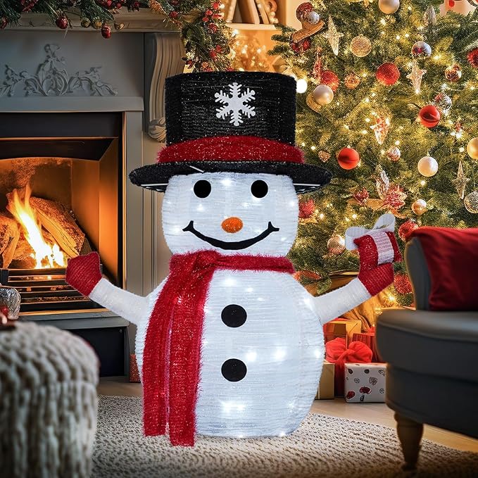 Christmas Standing Light-Up Snowman Decoration Features a Santa hat and Gift Box, Battery Operated Light-Up Christmas Decorations for porches, lawns, Yards, Indoor and Outdoor (2.75 Ft)