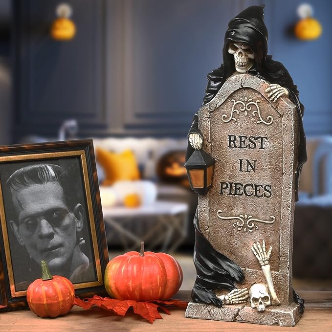 National Tree Company Skeleton Grim Reaper Standing with a Gravestone Decoration, Halloween Collection, 16 Inches