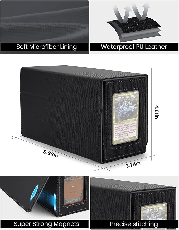 MRAUF MTG Deck Box with Double Commander Display and Dice Tray, Fits 200+ Double Sleeved Cards, Card Storage Box Plus 2 Magnetic Holders& 100Pcs Card Sleeves (Black)