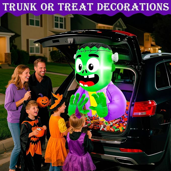 3.5 FT Halloween Inflatable Trunk Or Treat Car Decorations Kit Blow Up Green Zombie Frankenstein with Built-in LEDs, Halloween Car Trunk Or Treat Decorations for SUVs Sedans Yard Outdoor Party Decor