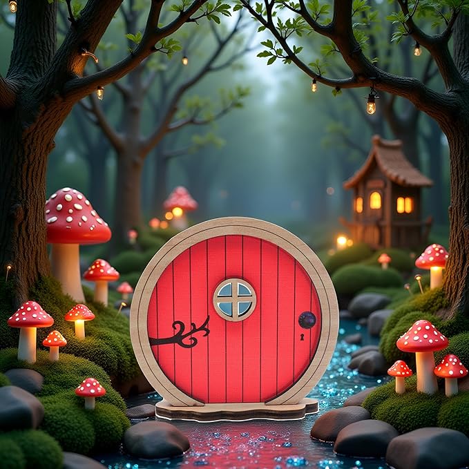 Red Fairy Garden Door,Tree Fairy Doors Decoration for Trees Outdoor and Tree Trunk,DIY Mini Garden Lawn Ornament Decor,Fairytale Tiny House Doors Mini Gift,Buildings and Structures Garden Miniatures