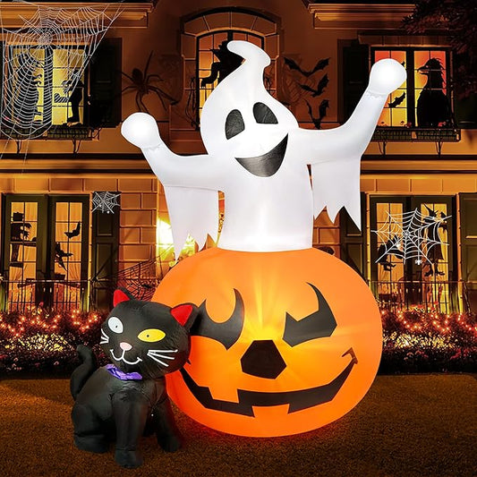 5 FT Halloween Inflatables Outdoor Spooky Pumpkin and Witch' s Black Cat Combo Inflatable Decor, Halloween Blow Up Yard Decorations Clearance with Build-in LED Lights, Halloween Outdoor Decorations