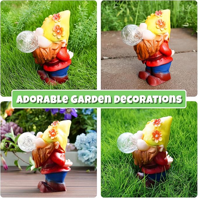 Solar Garden Statues Lights, 8.5" Cute Outdoor Gnome Figurine with Auto On/Off for Yard Patio Decor, Gifts for Women, Grandma, Mom, Housewarming (Bubble Bliss Gnome)