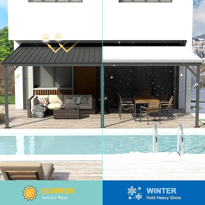Domi 12’x20’ Lean-to Gazebo, Hardtop Wall-Mounted Gazebo Pergola with Sloping Galvanized Steel Roof and Upgraded Drainage System, Outdoor Permanent Metal Shelters for Patio Backyard Deck, Grey